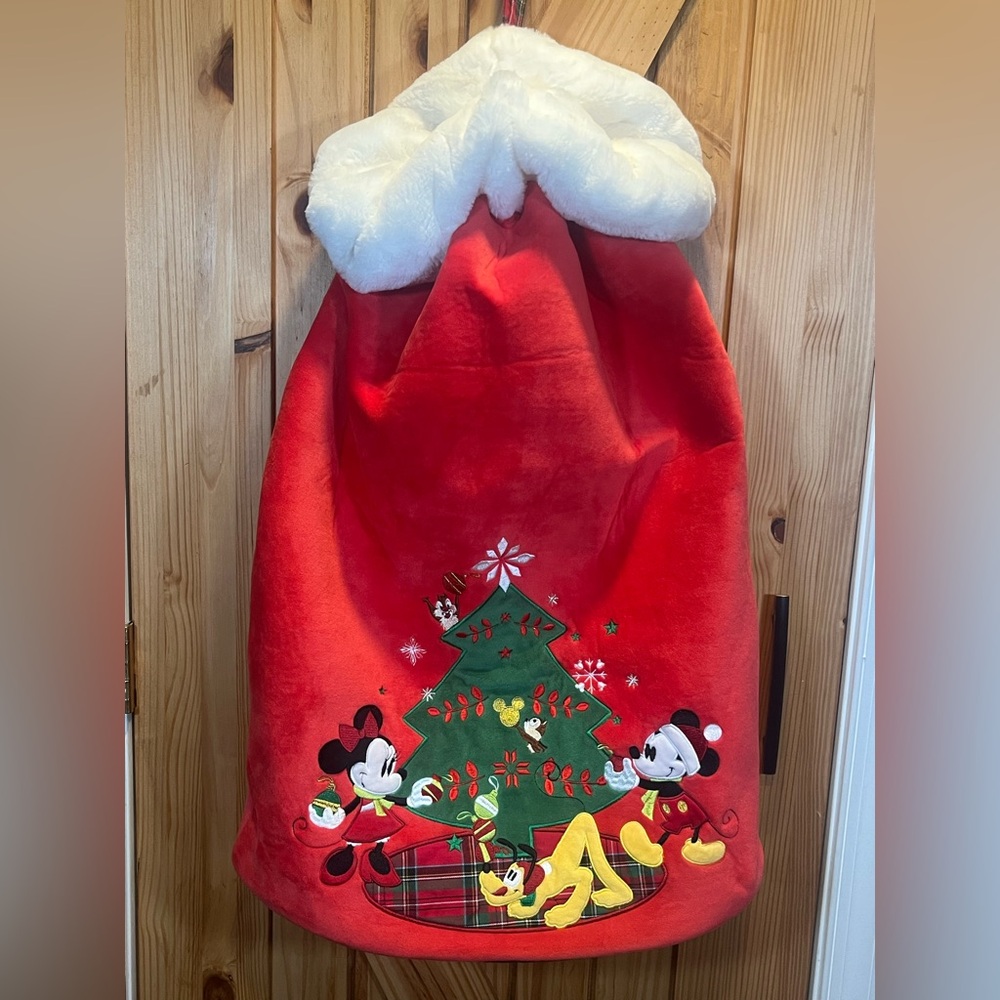 Rare Disney Store Mickey & Minnie Christmas Tree Plush Red Santa Sack Bag